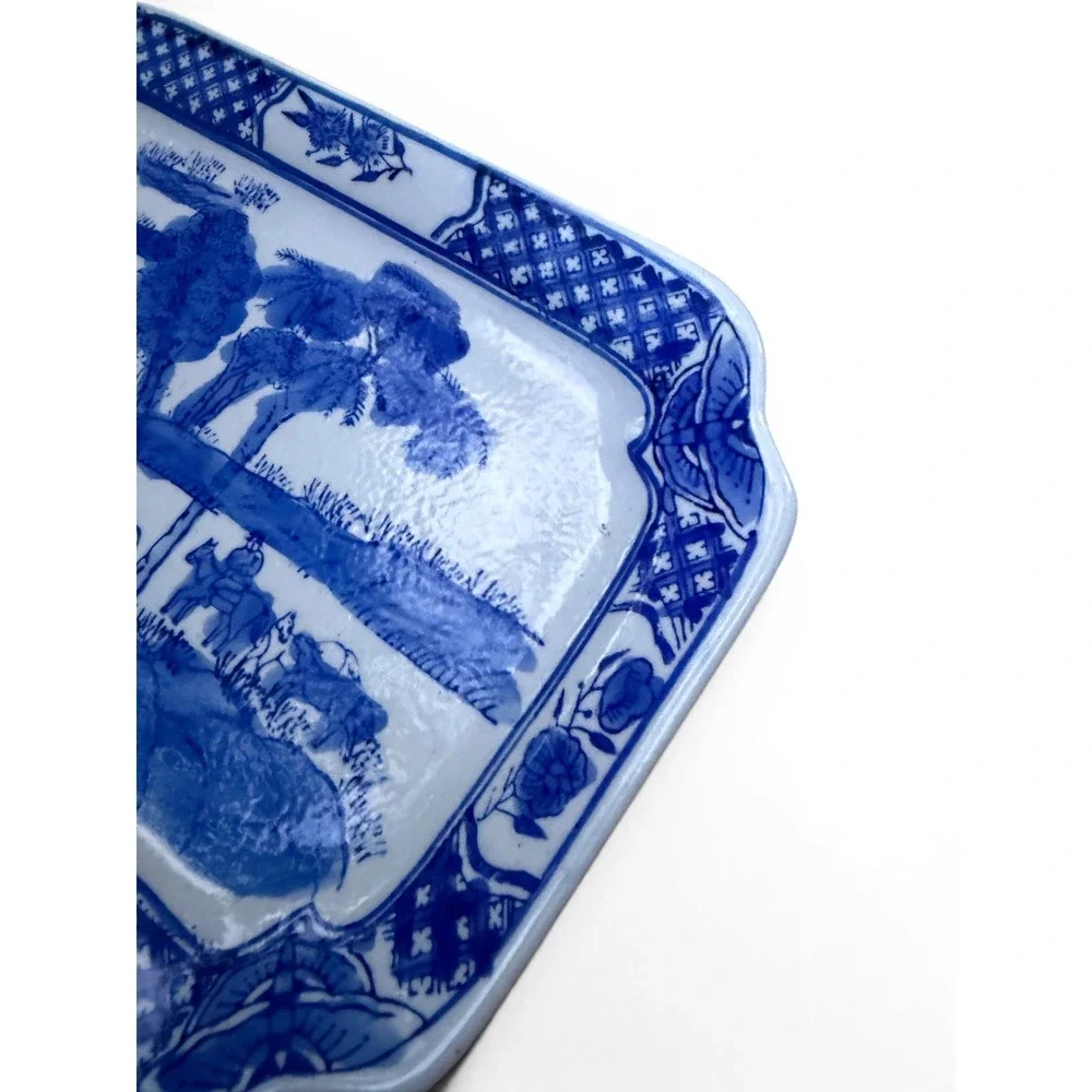 Vintage Blue + White Porcelain Rectangular Platter | Chinoiserie Horse Landscape